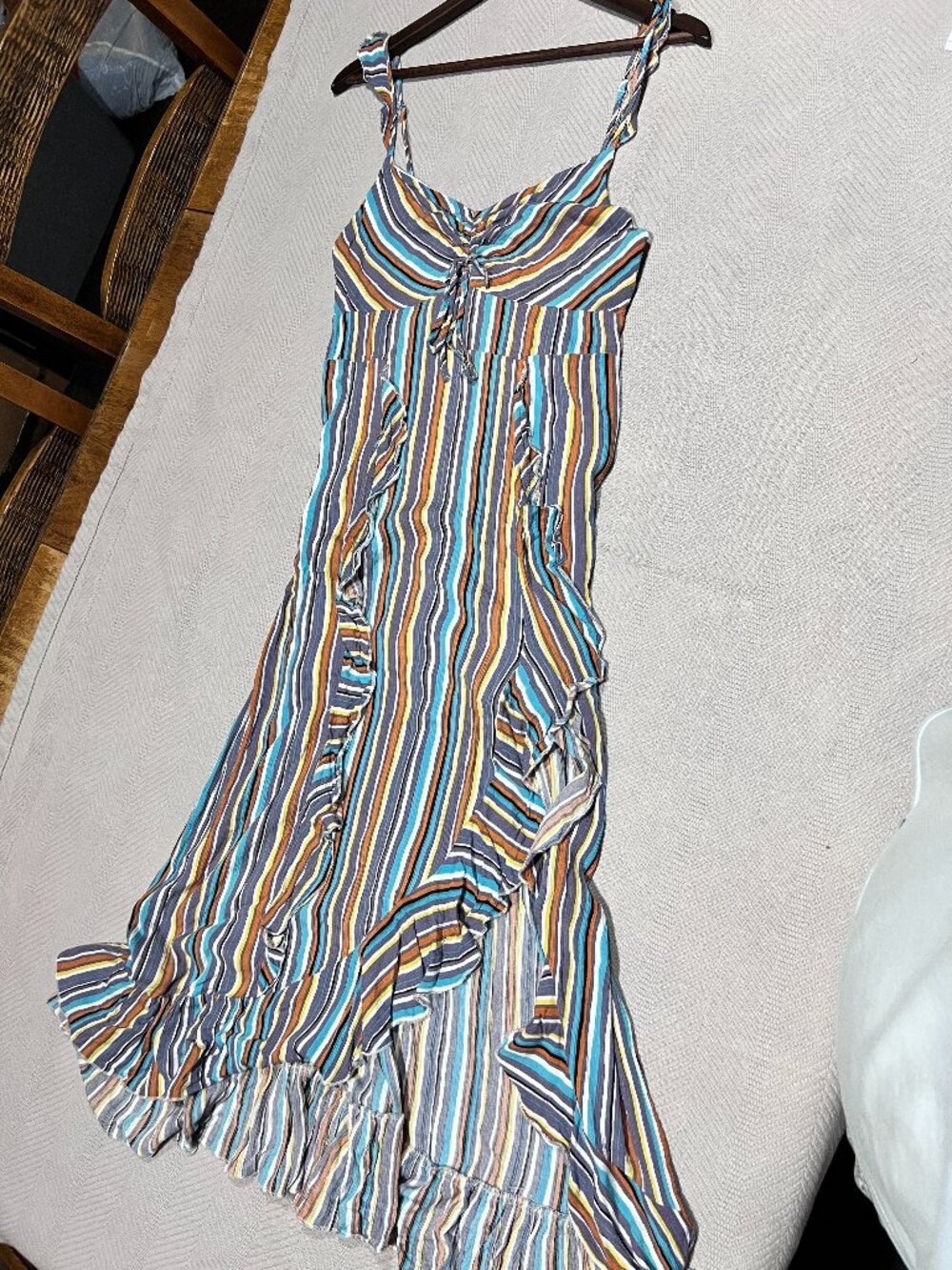 Coco + Jaimeson Striped Ruffle Maxi Cinched Front Adjustable Strap Dress Boho XL